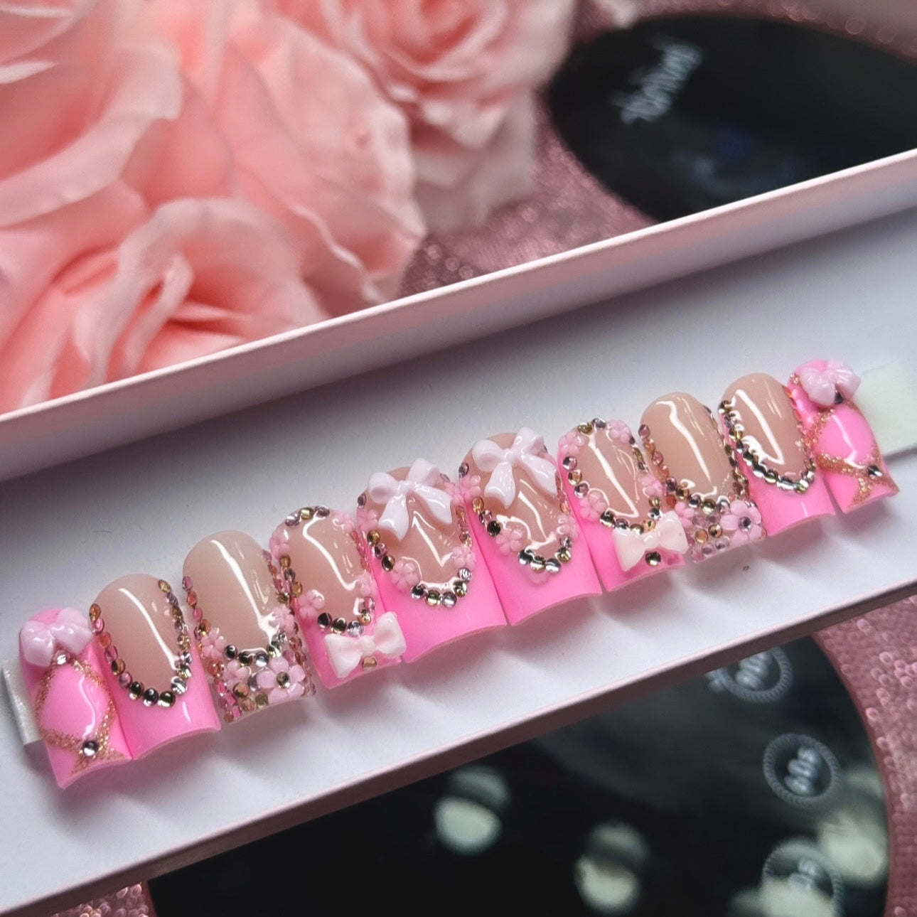 Rhinestone Acrylic Press On Nails Pink Floral Coquette Spring
