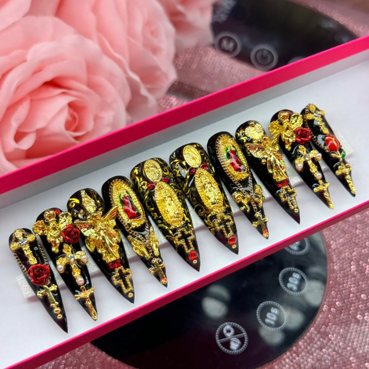 Acrylic Luxury Cute Black Press On Nails Gold & Roses