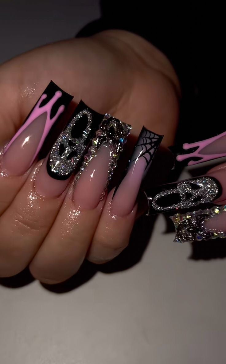 Acrylic Fall & Halloween Ghostface Press On Nails Spooky Pink & Bling