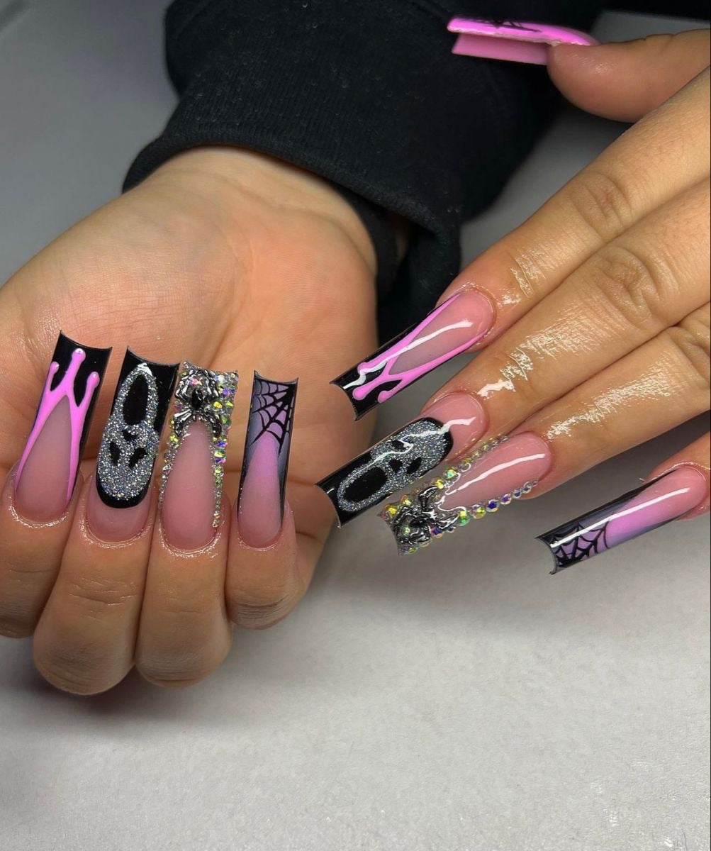 Acrylic Fall & Halloween Ghostface Press On Nails Spooky Pink & Bling