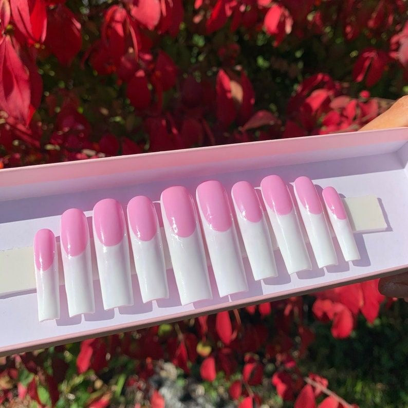 Luxury Baddie Pink Acrylic Classic Simple White French Tip Press On Nails