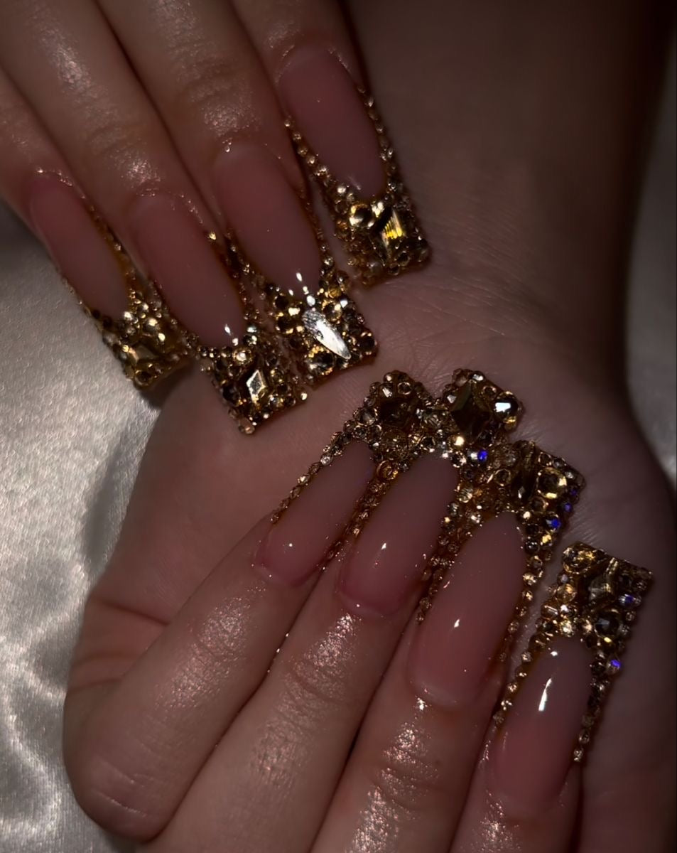 Cute French Tips Gold Bling Acrylic Press On Nails