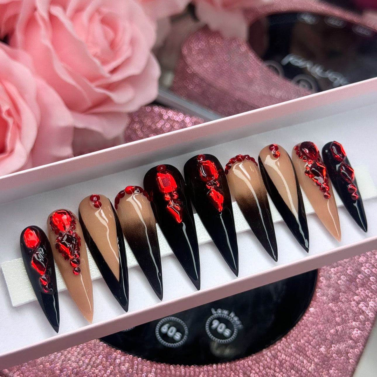 Luxury Press On Nails Pretty Black Red Acrylic & Bling