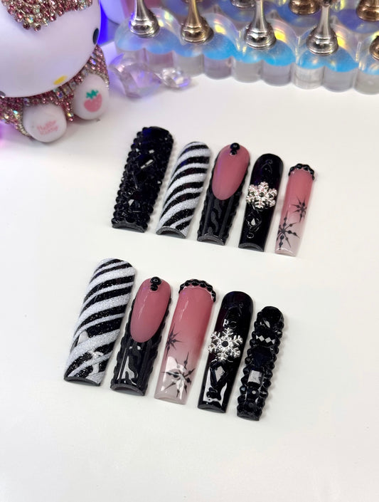 Acrylic Baddie Christmas Black Holiday Snowflakes Press On Nails