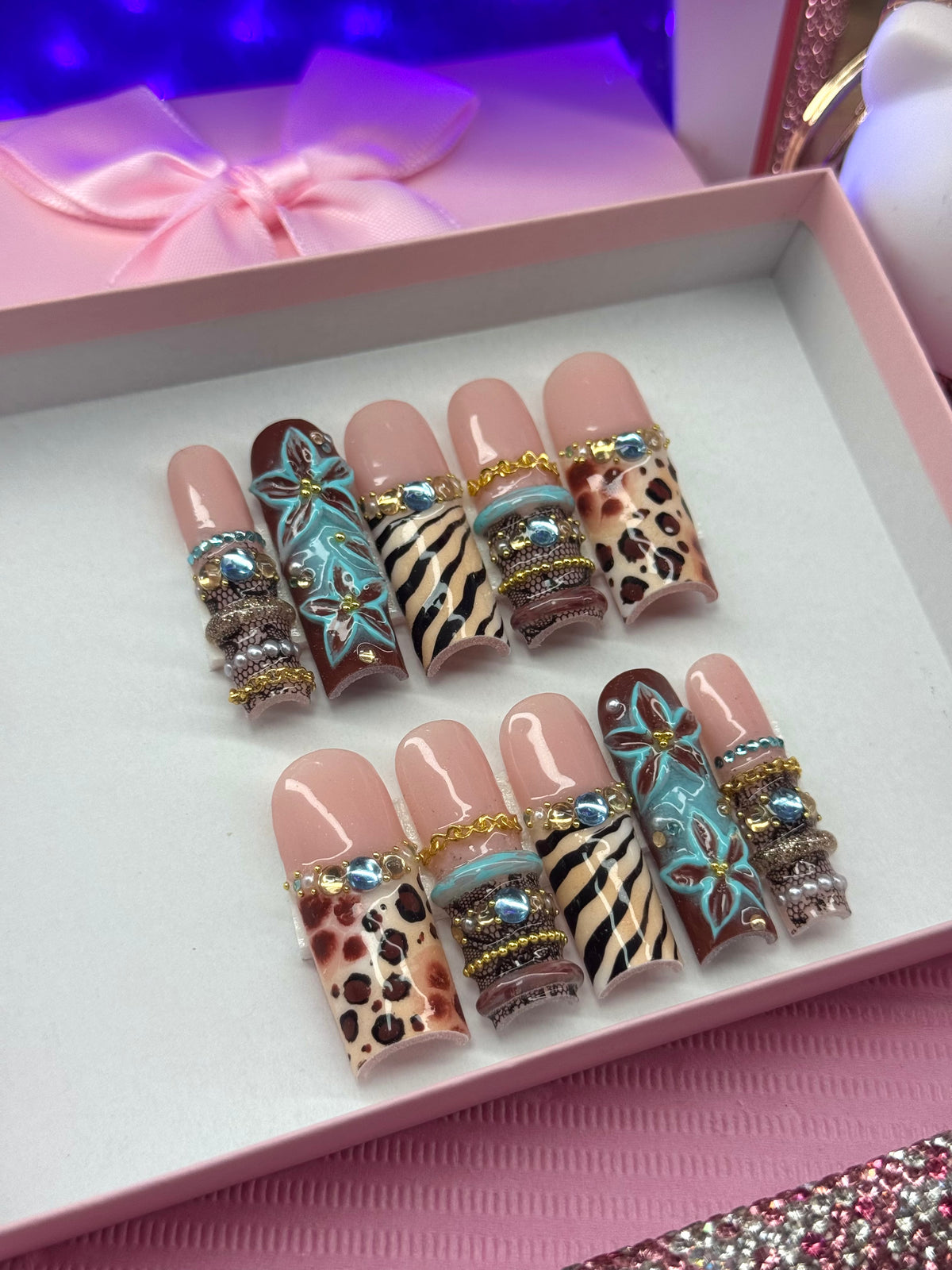 Acrylic Cute Animal Print Jewelry Blue Brown Press On Nails