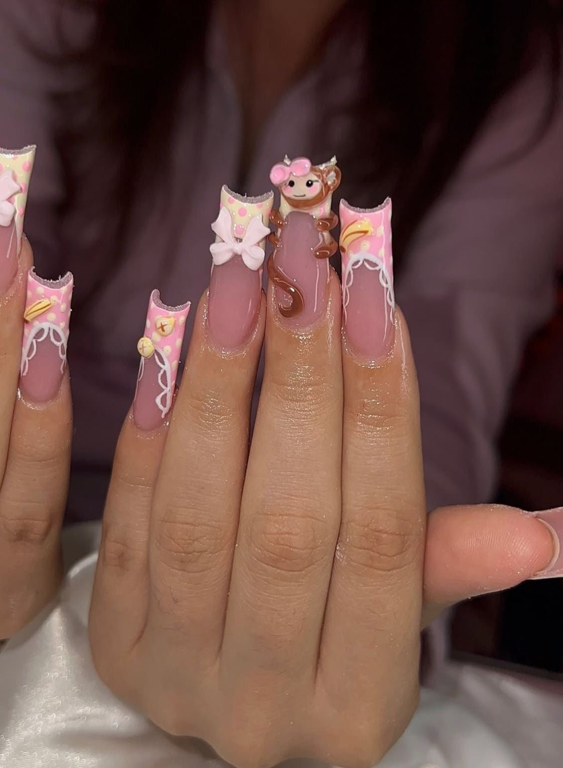 Acrylic Cute 3D Monkey Pink & Yellow Press On Nails