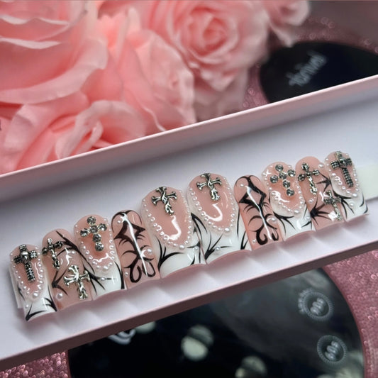 Luxury Baddie Cyber French Tips Acrylic Cross Punk Press On Nails