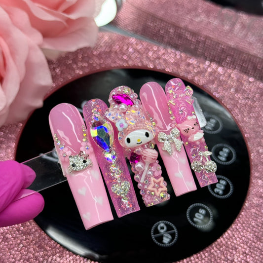 Acrylic Press On Nails Cute Kawaii Y2K Pink Bling