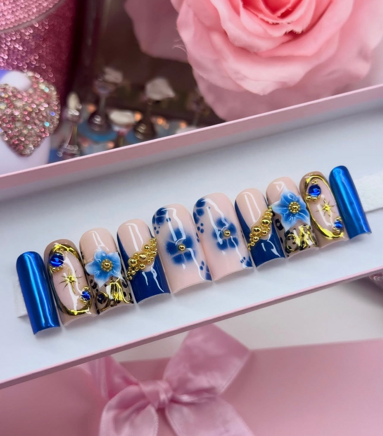 Acrylic Baddie French Tips Bling & Blue Gold 3D Flowers
