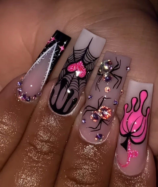 Acrylic French Tips Fall Autumn Halloween Pink Spooky Press On Nails