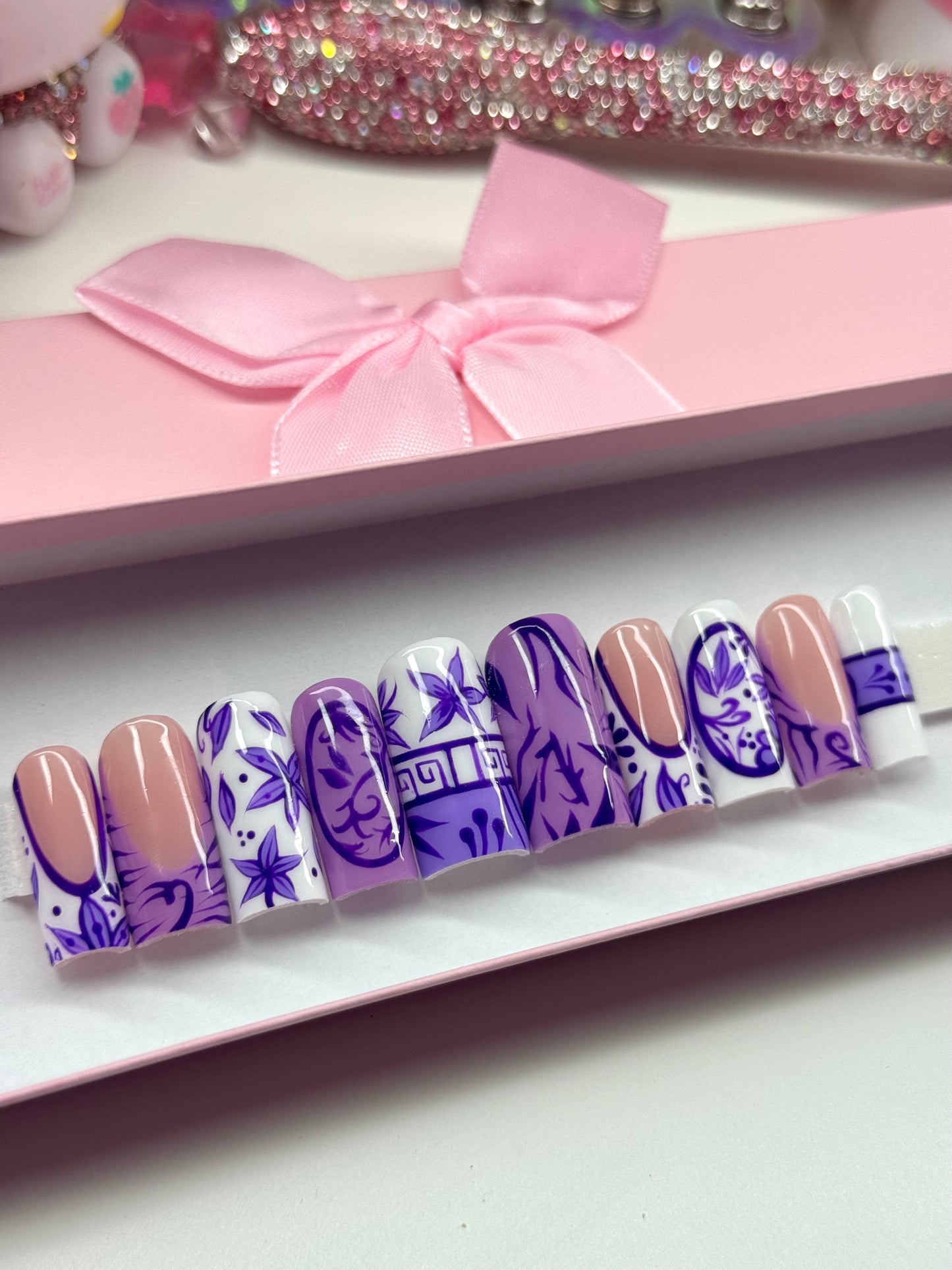 Y2K Purple Floral Designs Acrylic Press On Nails