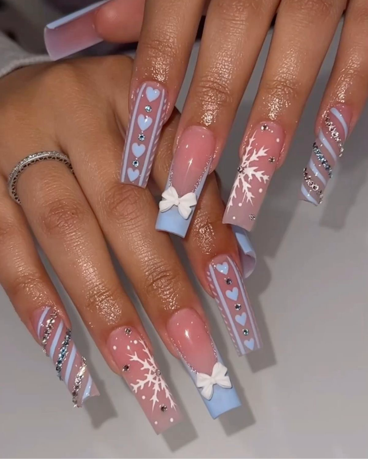 Acrylic Baddie Christmas Blue Coquette Snowflake Press On Nails