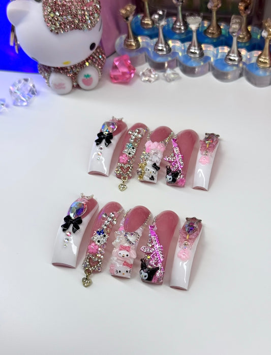 Baddie Acrylic Bows White Kawaii Frenchies & Bling Press On Nails
