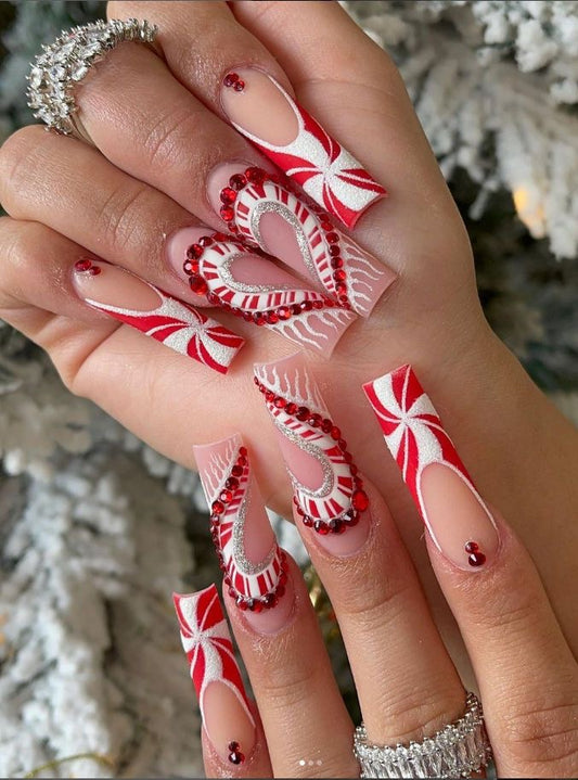 Acrylic Cute Baddie Christmas Candy Cane Hearts Press On Nails