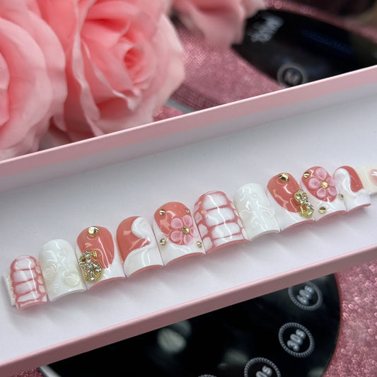 Acrylic French Tips White Bling & 3D Flowers
