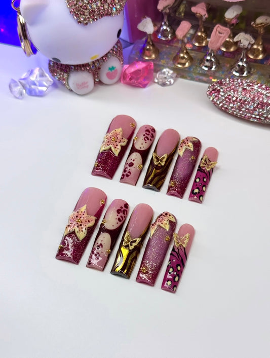 Acrylic Baddie Magenta 3D Floral Press On Nails
