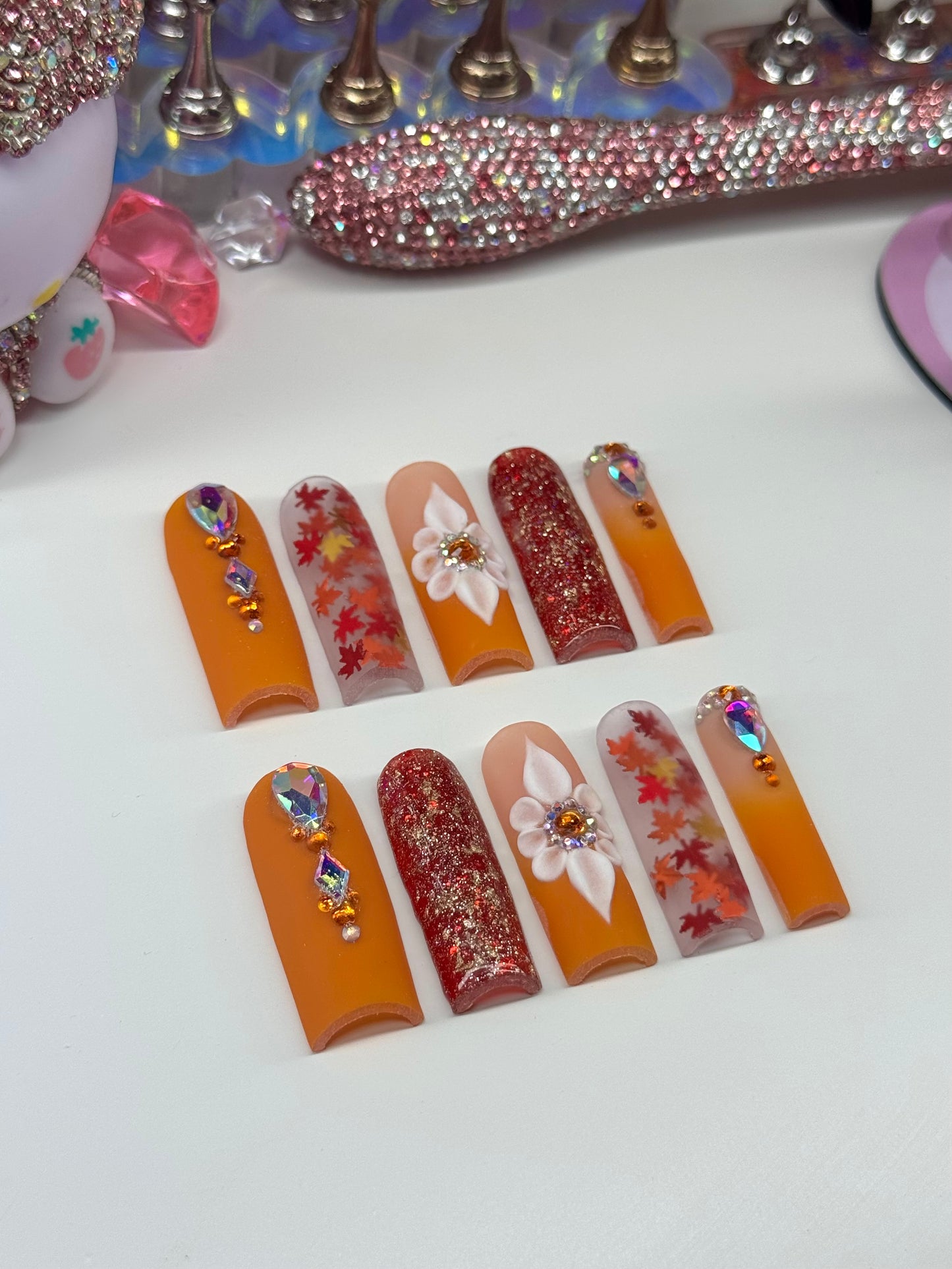 Acrylic Fall Bling Orange Leaves Matte Press On Nails