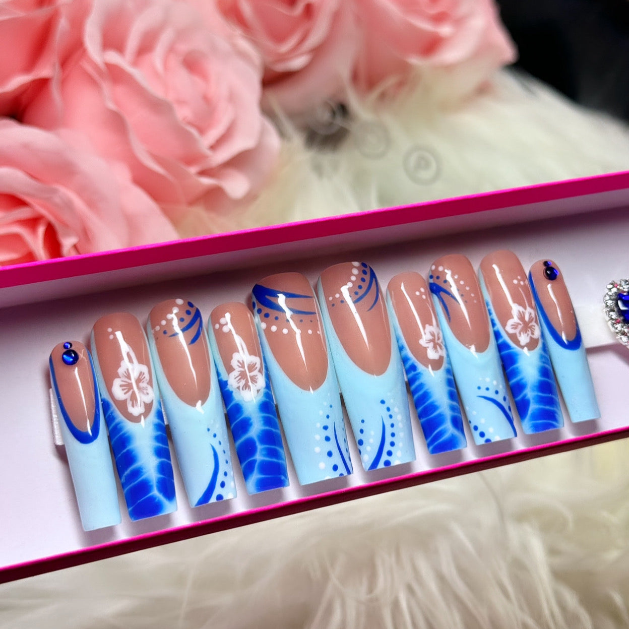 Luxury Acrylic Hibiscus Baddie Blue Spring French Tip Press On Nails