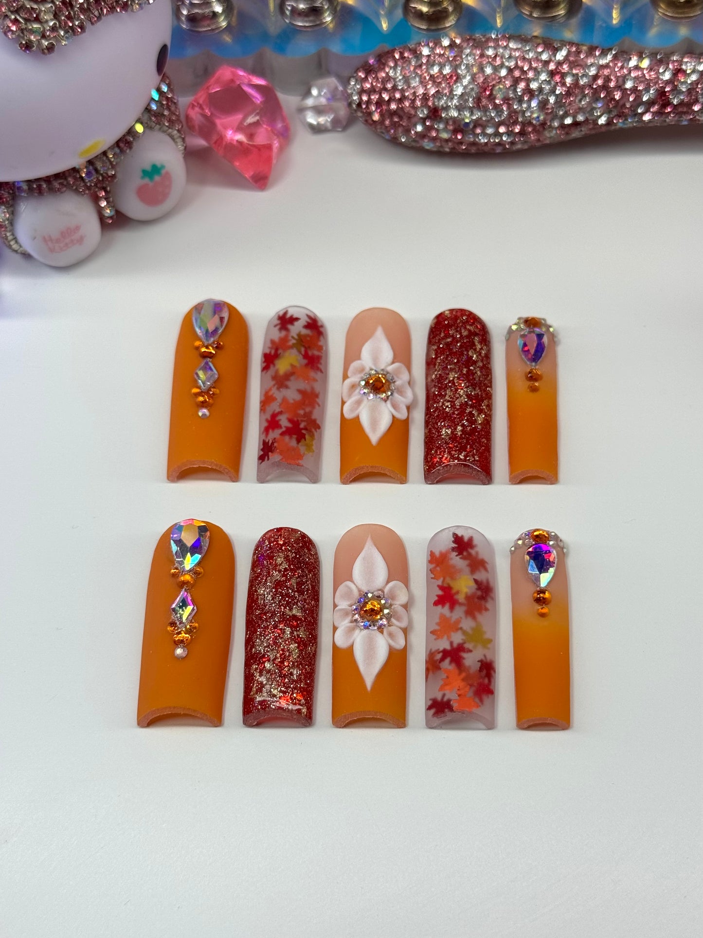 Acrylic Fall Bling Orange Leaves Matte Press On Nails