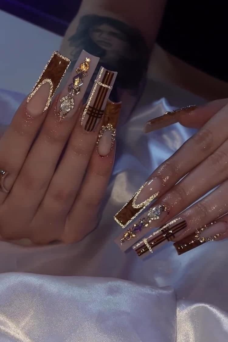 Acrylic Baddie Brown Fall/Autumn Bling Press On Nails