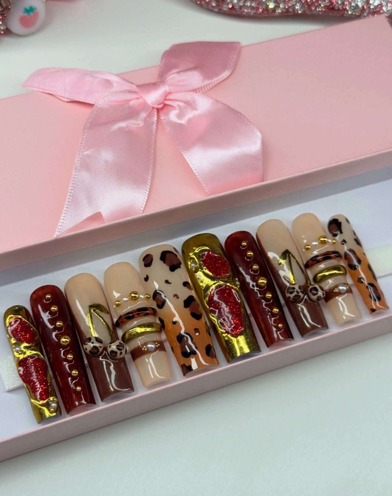 Acrylic Fall 3D Brown Bangle French Tip & Chrome Press On Nails