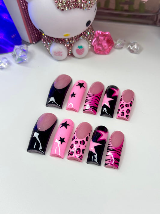 Acrylic Press On Nails Pretty Black & Pink Rockstar