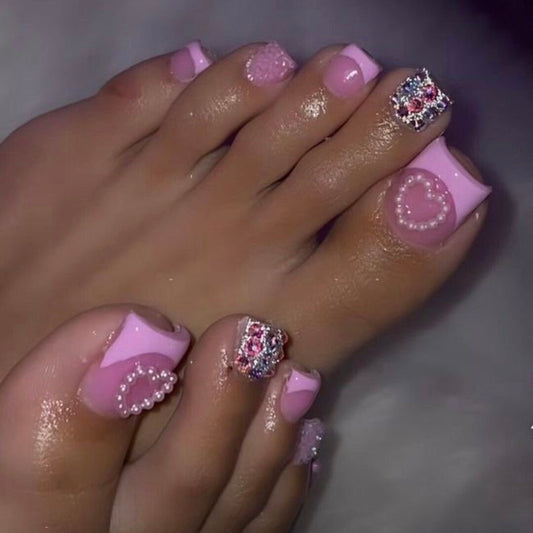 Toe Acrylic Pink Press On Nails Luxury French Tips Bling 22pc