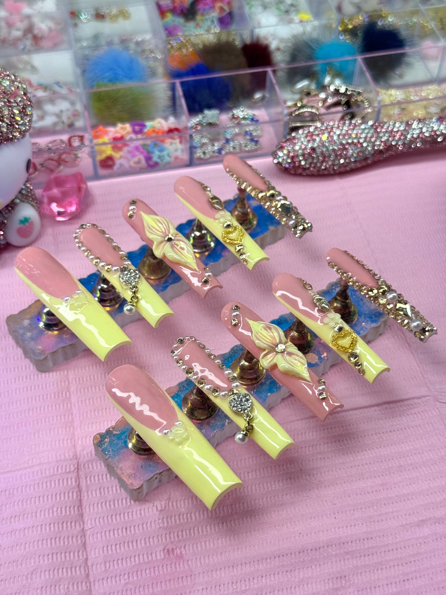 Baddie Acrylic Press On Nails Pretty Spring Yellow 3D Flowers & Bling