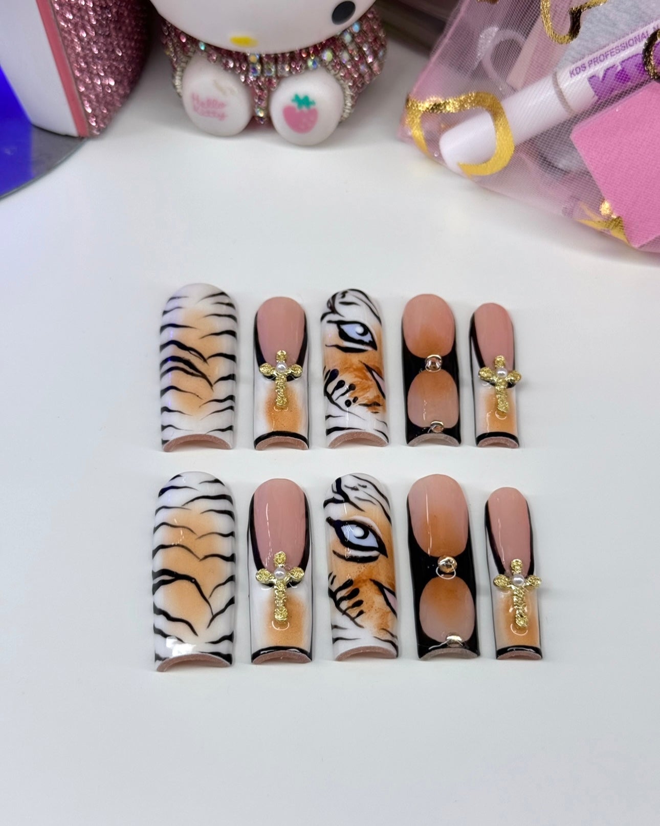 Acrylic Baddie Black Tiger Print French Tip Press On Nails