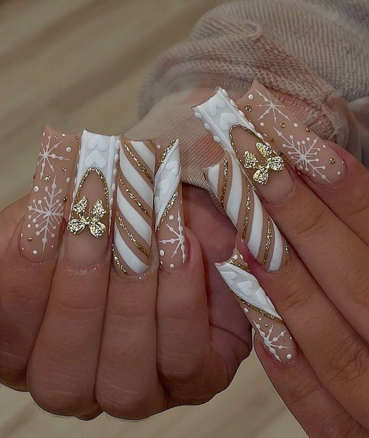 Acrylic Baddie Christmas White Gold Snowflake Winter Press On Nails