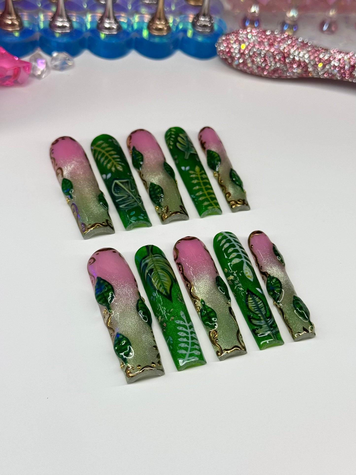 Acrylic Press On Nails Pretty Cat Eye Green Ombre & Monstera