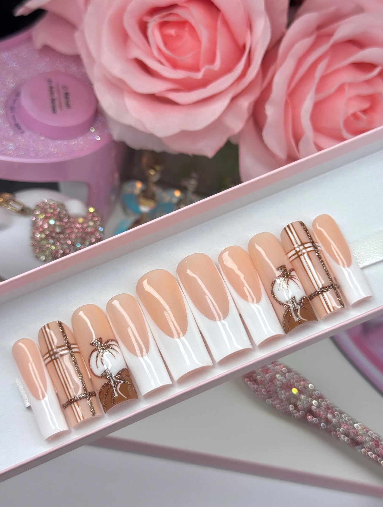 Acrylic Luxury Baddie Fall White Classic French Tips Plaid & Pumpkins