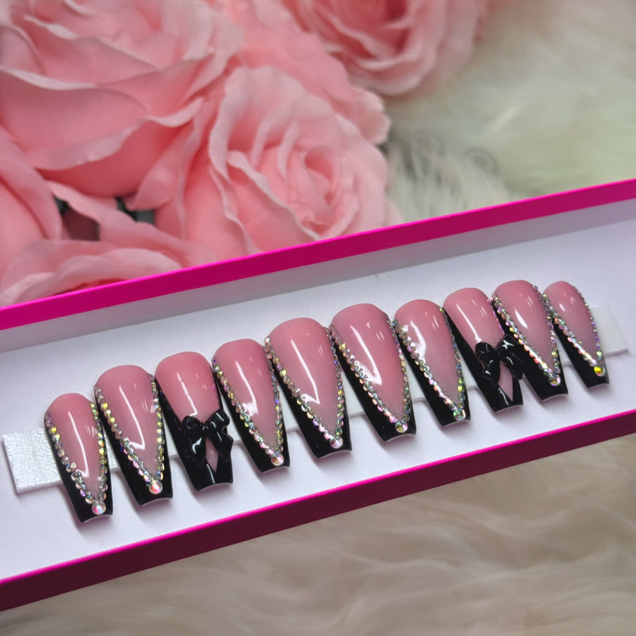 Coquette Press On Nails Black Acrylic French Tips Bows & Bling