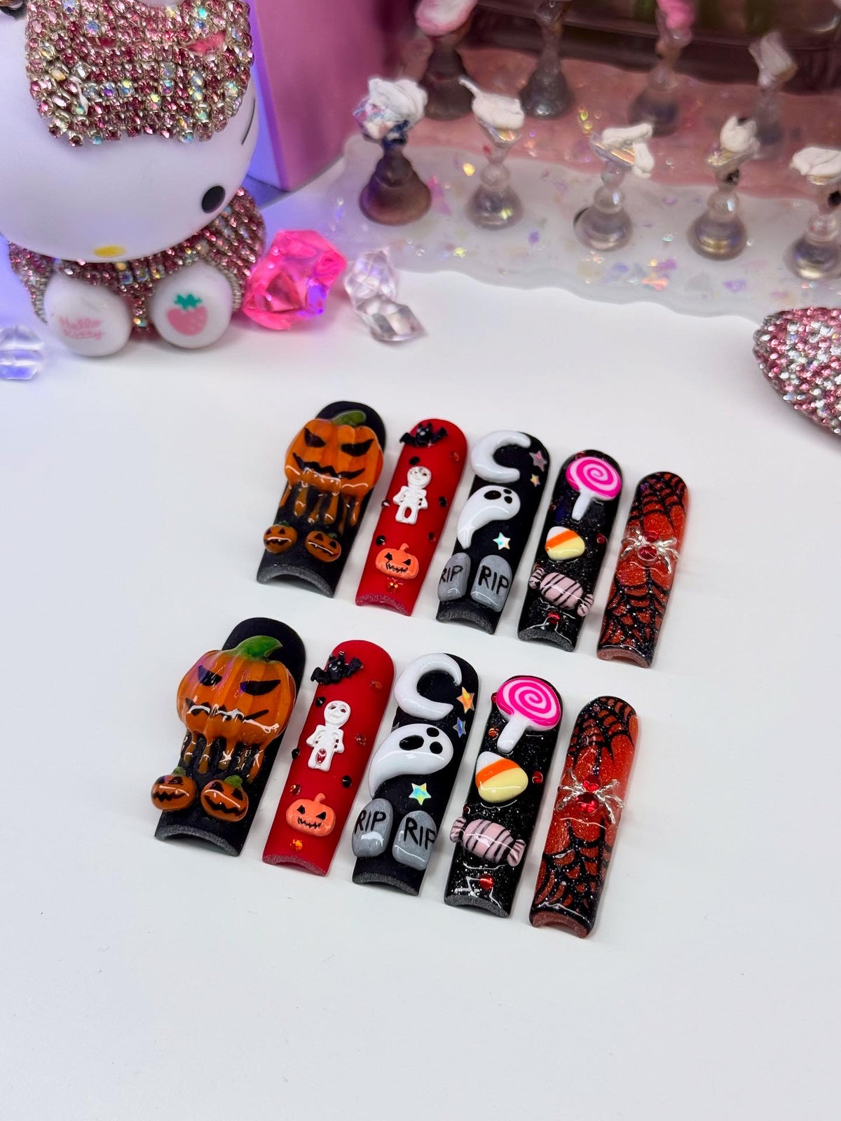 Acrylic Baddie French Tips Fall & Halloween Black Red 3D Spooky Nails