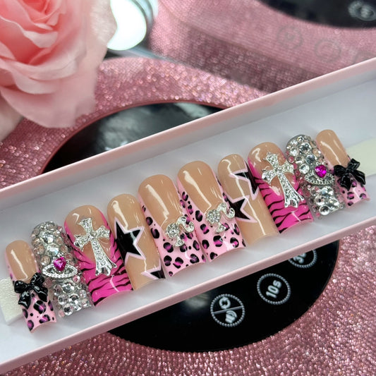Acrylic Press On Nails Pink Y2K Cross Stars Silver Bling