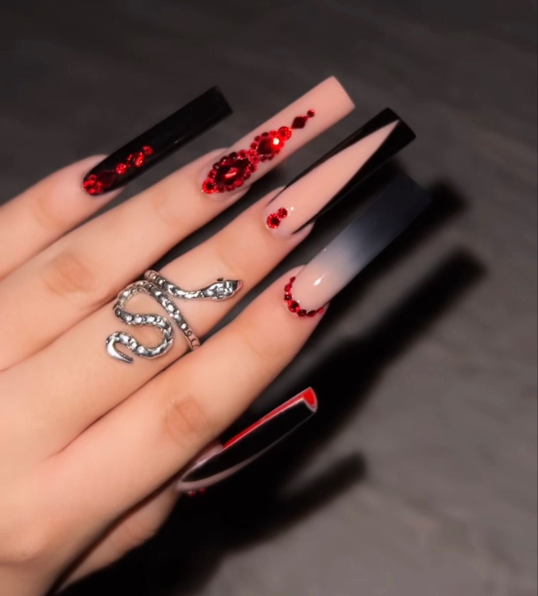 Rhinestones Red & Black Acrylic French Tip Press On Nails