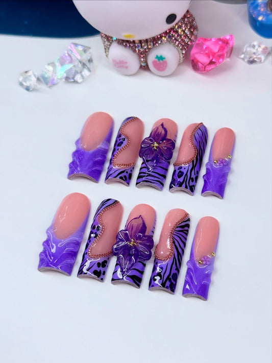 Acrylic Luxury Baddie Purple 3D Flowers Press On Nails