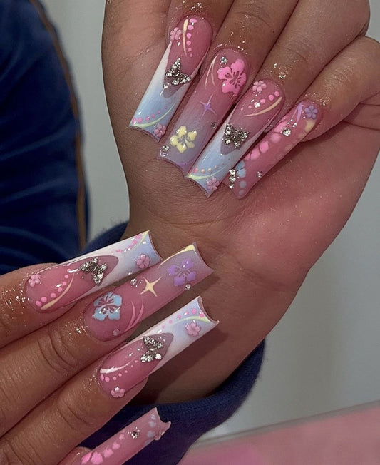 Acrylic Cute Baddie Colorful Spring Press On Nails Blue Frenchies