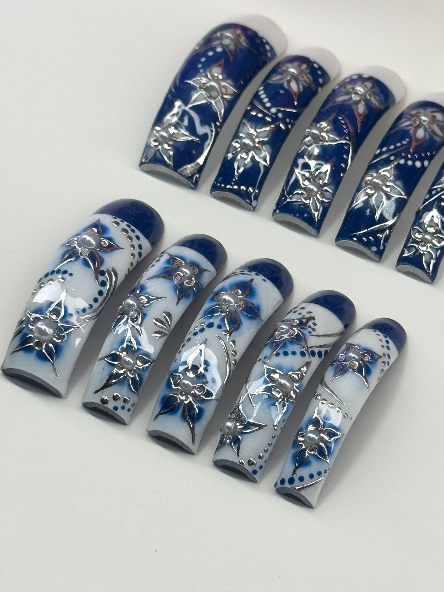 Acrylic French Tips Blue White Flowers & Silver Chrome Press Ons