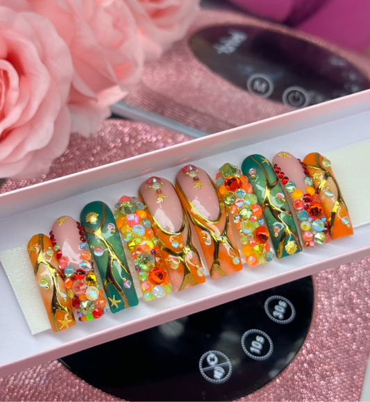 Acrylic French Tips Green & Orange Bling Gold Chrome Press Ons