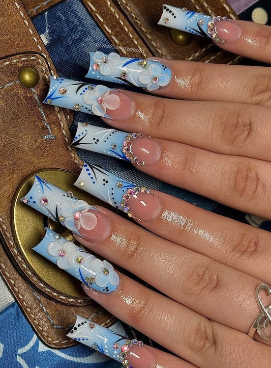 Acrylic French Tips Y2K Blue Spring Bling Press On Nails