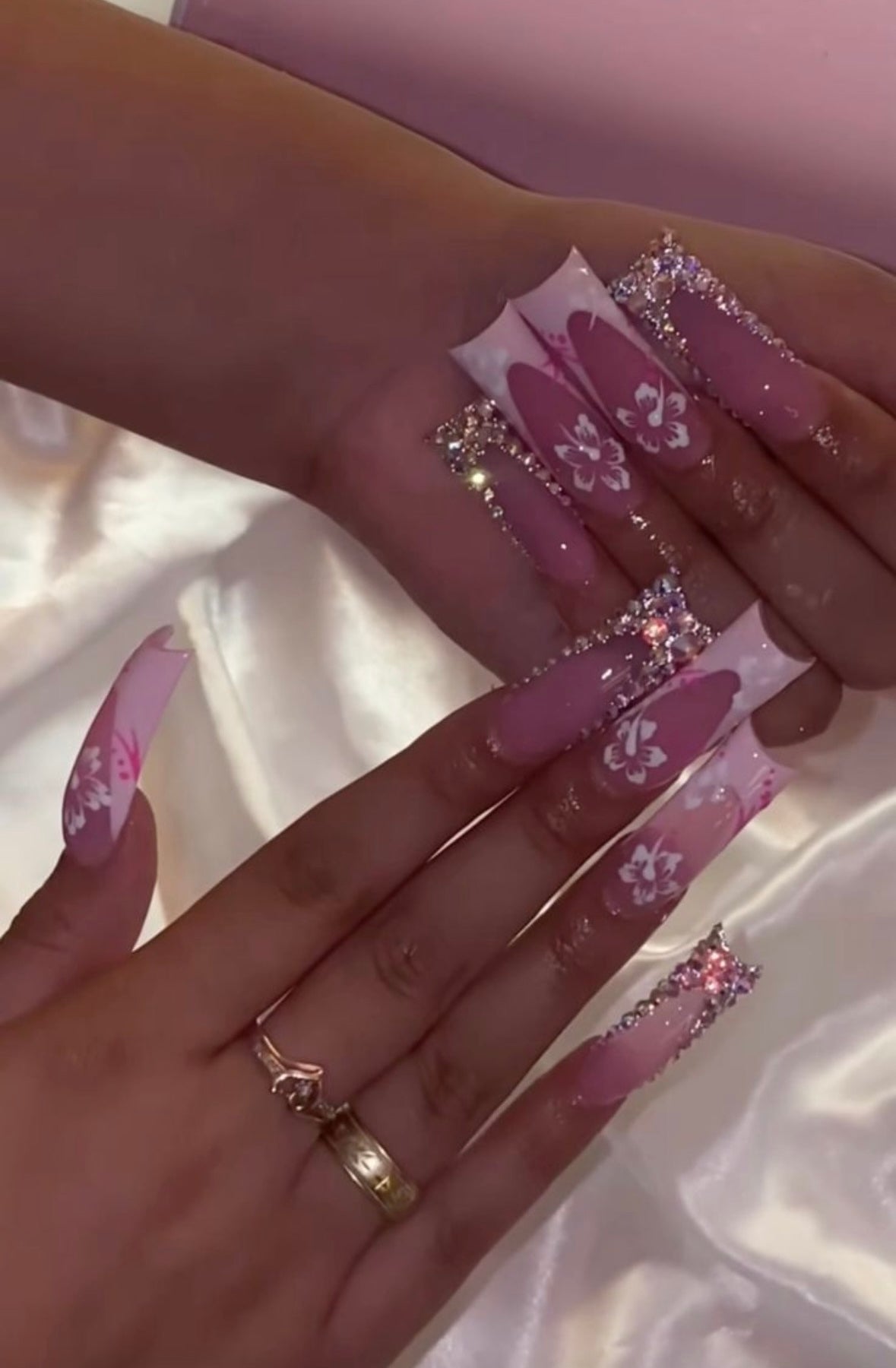 Acrylic Pink French Tip Flower Bling Press On Nails