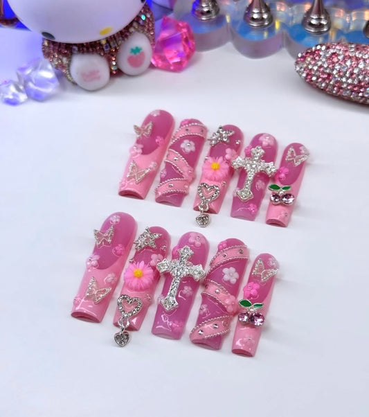 Y2K Pink Acrylic Baddie French Tip Press On Nails