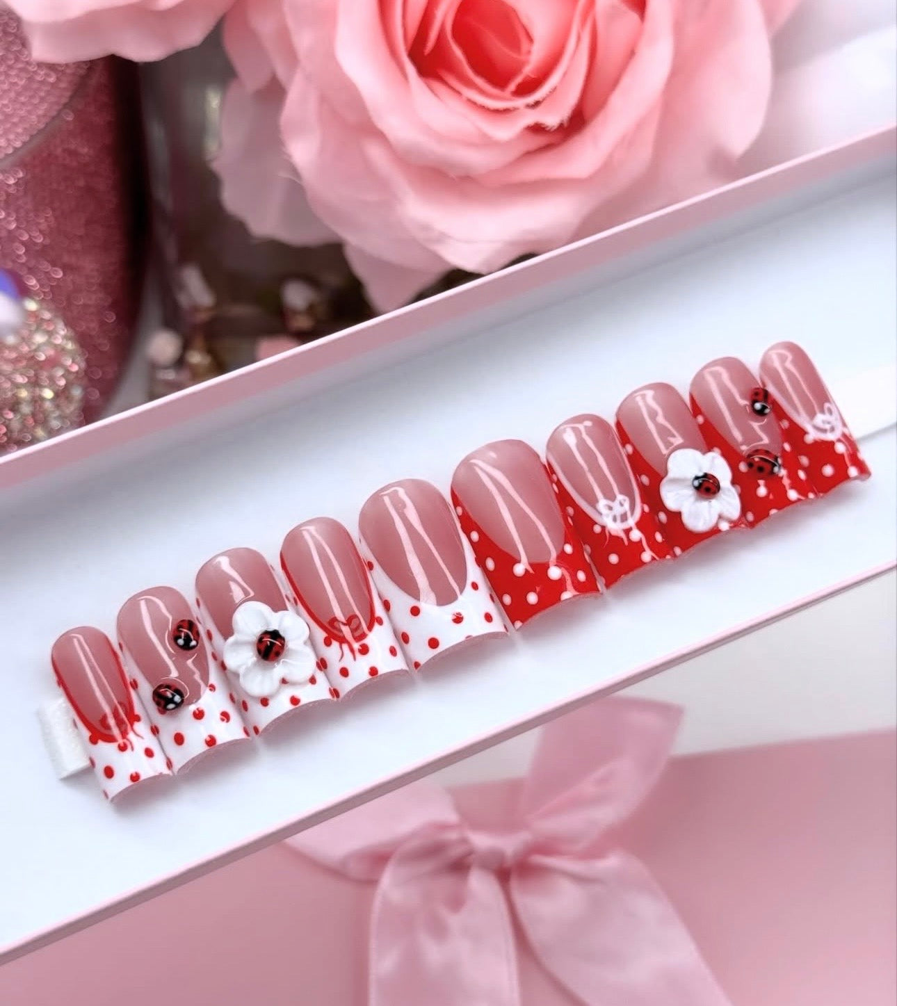 Acrylic Baddie Spring 3D Ladybugs & Flowers Red White Press On Nails