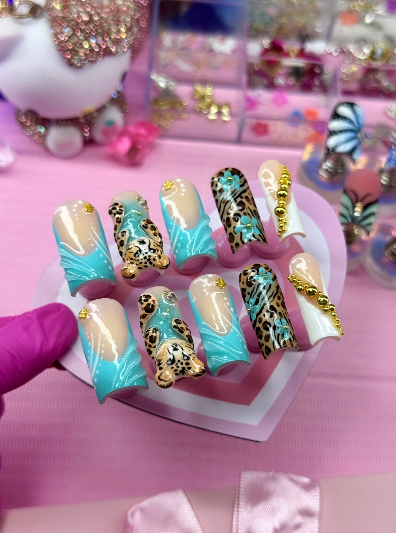 Acrylic Baddie French Tips White & Blue Cheetah 3D Press Ons