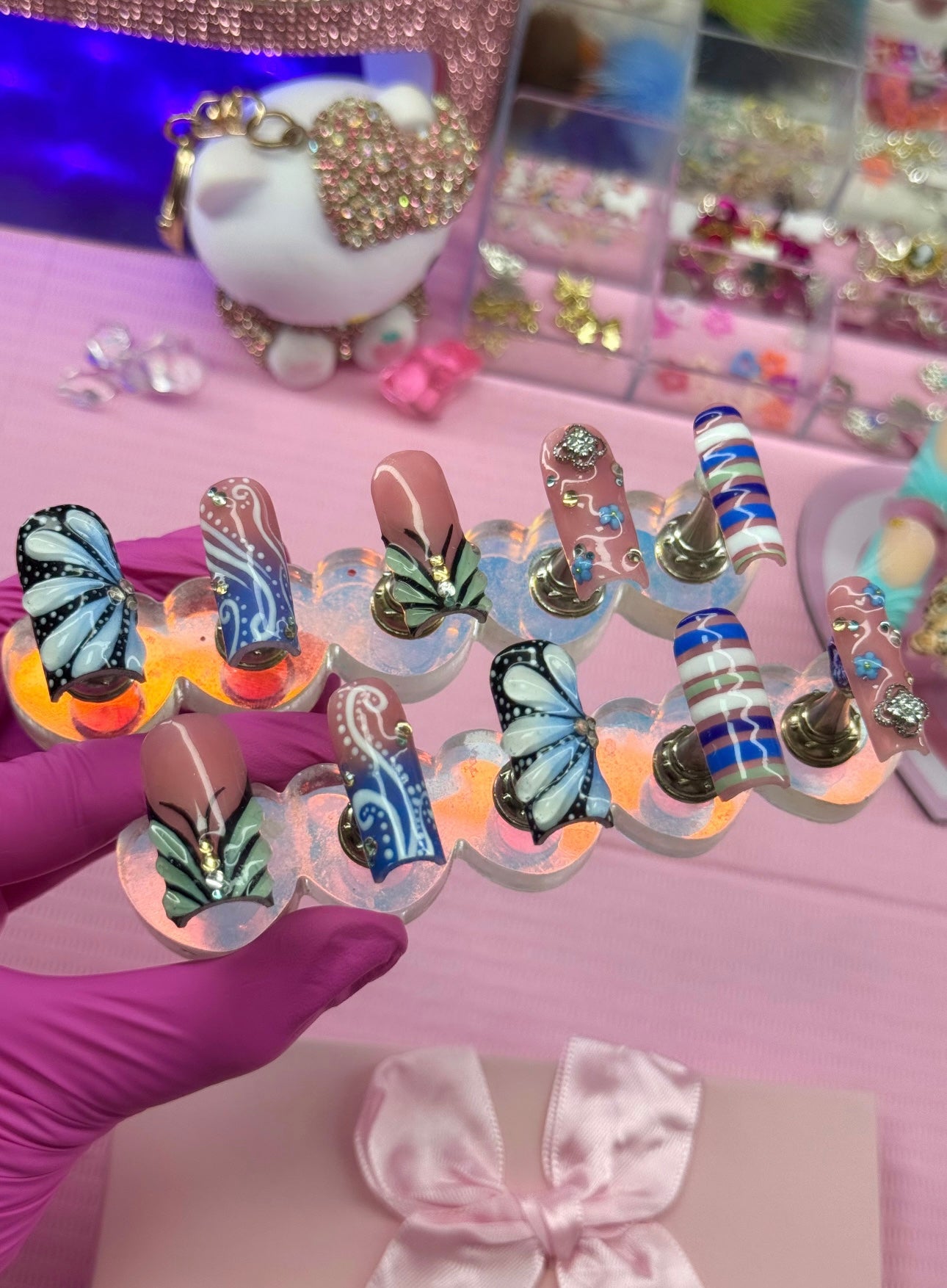 Acrylic Baddie French Tips Stripes Butterfly Blue Press On Nails
