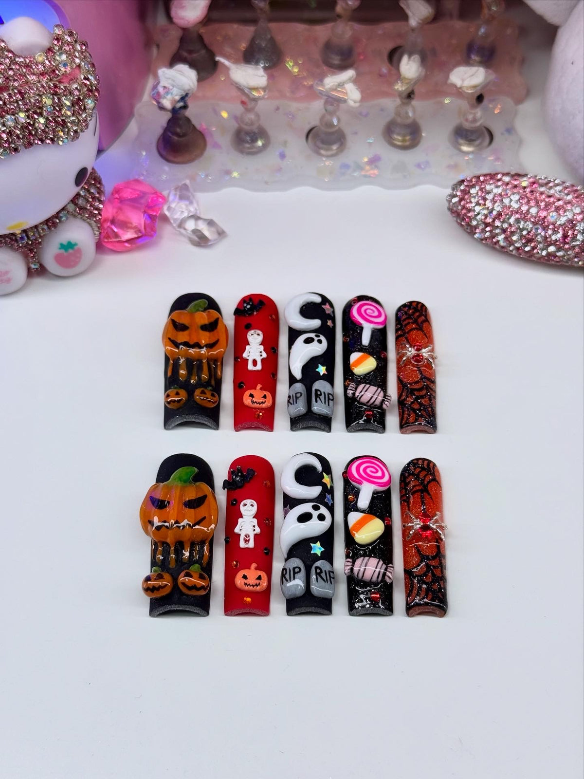 Acrylic Baddie French Tips Fall & Halloween Black Red 3D Spooky Nails