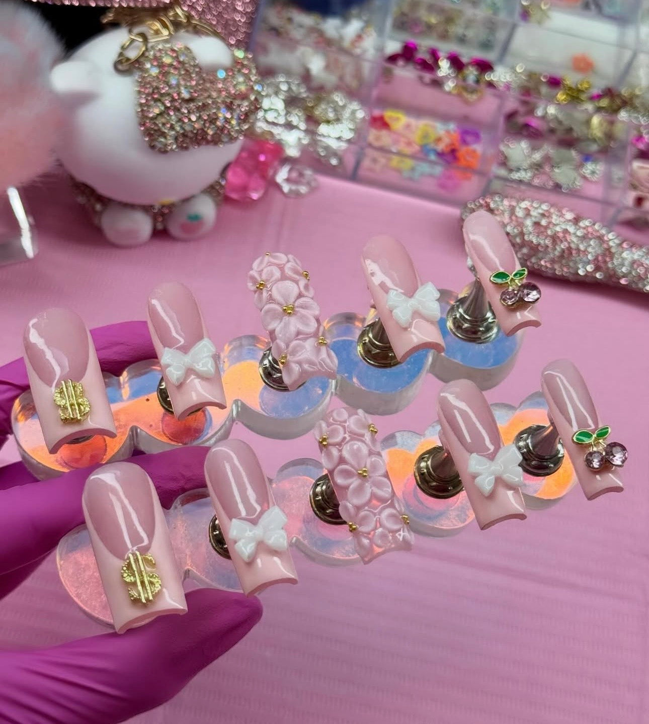 Acrylic Cute & Pretty Pink Press On Nails 3D Flowers