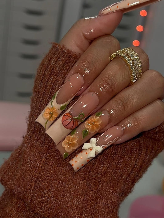 Acrylic Baddie French Tips Pretty Autumn Fall Press On Nails 3D