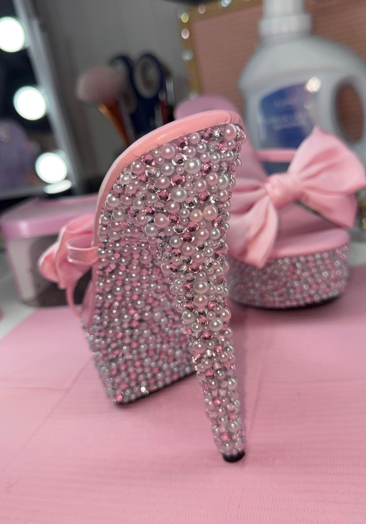 Luxury Custom Bling Pink Bow High Heels
